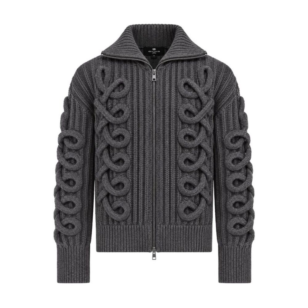 Etro Women Ribbed Wool-Blend Zip-Up Cardigan With Cable-Knit Details